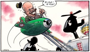 Vincent L'Epée marrazkigileak 2012an plazaratu karikaturan, Ueli Maurer defentsa ministroa Gripen hegazkinarekin jolasean.