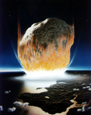 Asteroide bat lurrean jotzeko unean, artista batek egindako irudiaren arabera